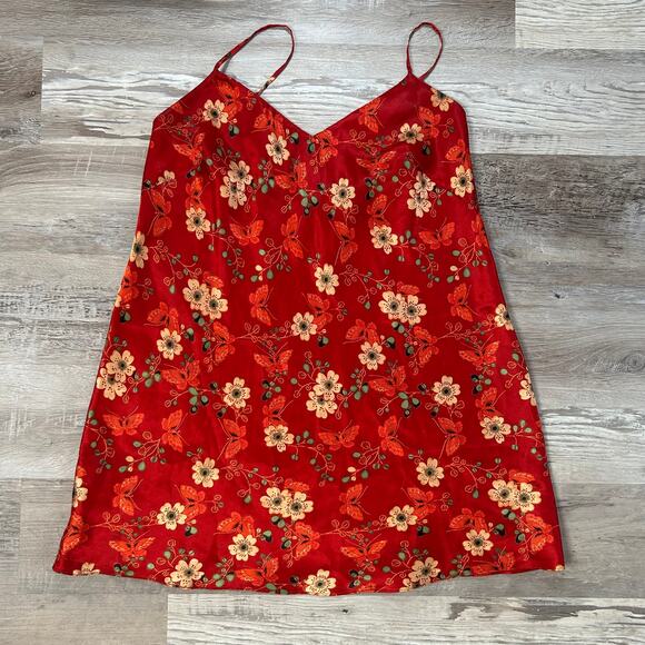 August Silk Red Floral Satin Slip Dress Butterfly Print Lingerie Style S - Picture 1 of 4